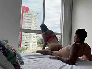 muscular latina babysitter rides tattooed bodybuilder's big ass in girlfriend's apartment