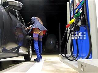crossdresser in schoolgirl uniform fishnets heels mini skirt upskirt at public gas station
