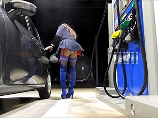 crossdresser in schoolgirl uniform fishnets heels mini skirt upskirt at public gas station