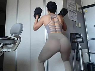 damn sexy korean babe stretches yoga ass in home gym