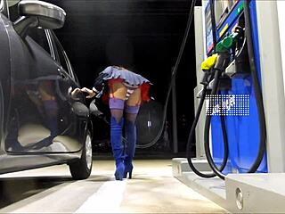 crossdresser in schoolgirl uniform fishnets heels mini skirt upskirt at public gas station