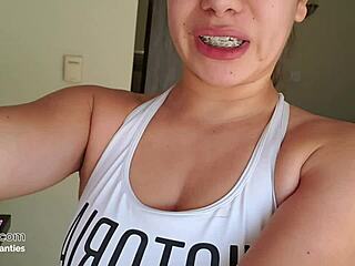 Thick latina with braces strips panties for intimate rub