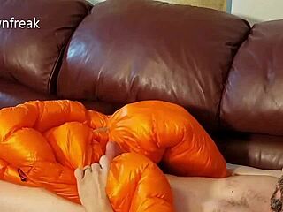 grinding on leather sofa while stroking in north face jacket