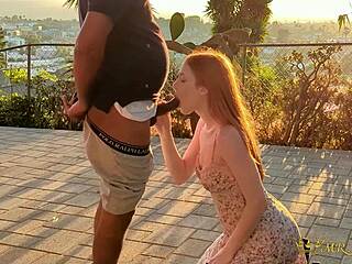 redhead snowbunny caught outdoors slurping bbc deepthroat on sunset patio 😈🍆