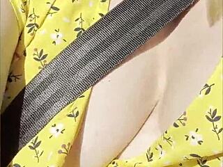 oh man wifey flashin her perfect huge tits drivin car part 2 so damn hot!!