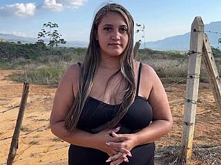 Huge Tits Blonde Latina Fucks Muscular Guy Outdoors in Public Toilet!