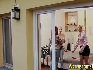 Redhead lesbians finger and lick in group pissing fetish frenzy.