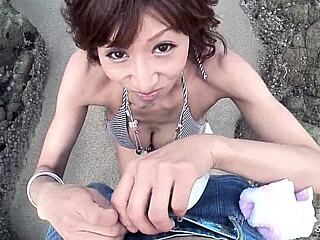 Skinny granny gilf blows stranger then orgasms hard on beach