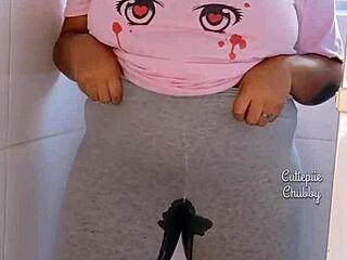 Curvy ebony bbw soaks leggings in hot pee stream solo tease
