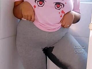 Curvy ebony bbw soaks leggings in hot pee stream solo tease
