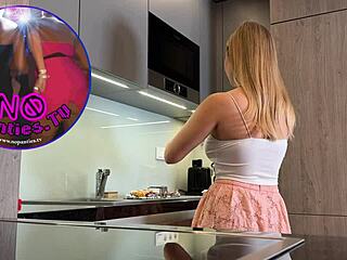 college blonde in miniskirt flashes big natural tits ass legs during chores?