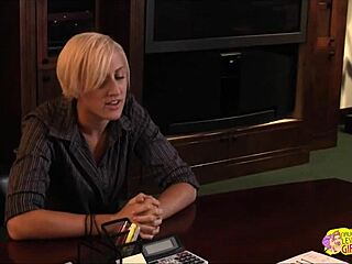 Blonde fingers and licks tight pussy ass making lesbian boss orgasm kissing small tits for job
