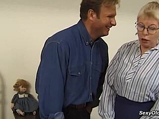 blonde german granny in stockings sucks cock then rides young guy hard
