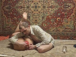 guy stretches teen wife's asshole wide with huge dildo
