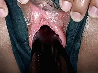 Thick ebony teen loves big white cock creampie and squirting
