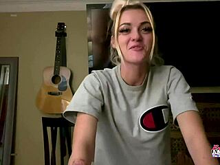 skinny blonde hottie rubs tits then sucks cock hard