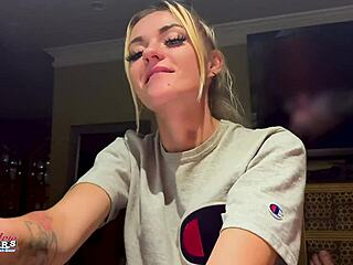 skinny blonde hottie rubs tits then sucks cock hard