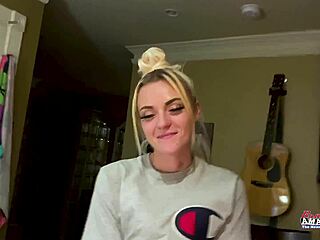 skinny blonde hottie rubs tits then sucks cock hard