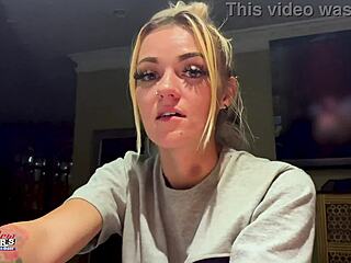 skinny blonde hottie rubs tits then sucks cock hard