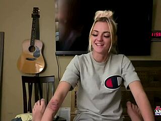 skinny blonde hottie rubs tits then sucks cock hard