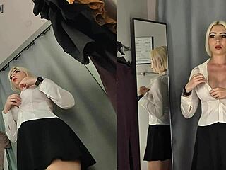 Hidden cam spies naked blonde trying see through clothes