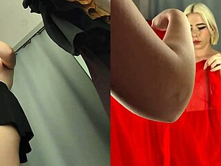 Hidden cam spies naked blonde trying see through clothes