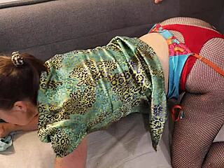 french amateur in satin outfit fucks and licks asshole