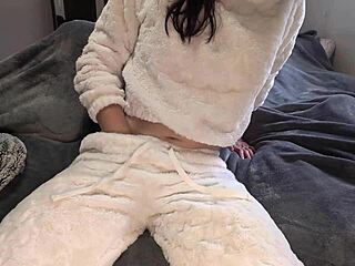 White girl cums hard in white pajama outfit