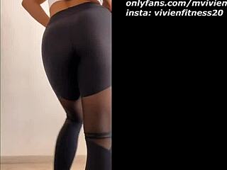 young fitness girl strips leggings off