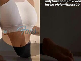 young fitness girl strips leggings off