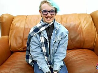 shy nerdy blonde teases with innocent deepthroat on camera