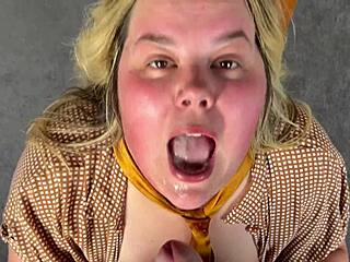 Cute girl with lipstick swallows all my cum