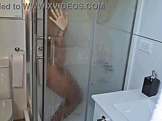 latina milf masturbates in shower