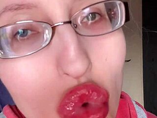 asmr eating banana with pink lipstick on