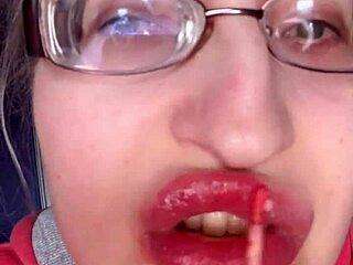 asmr eating banana with pink lipstick on