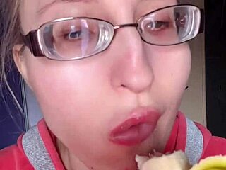 asmr eating banana with pink lipstick on