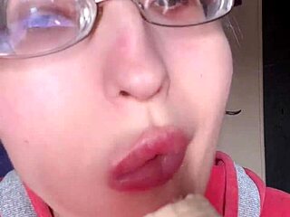 asmr eating banana with pink lipstick on