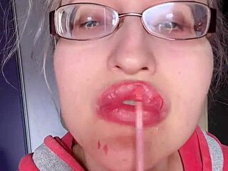 asmr eating banana with pink lipstick on