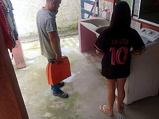 married housewife pays repairman with buttocks while husband away