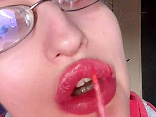 asmr eating banana with pink lipstick on