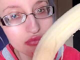 asmr eating banana with pink lipstick on