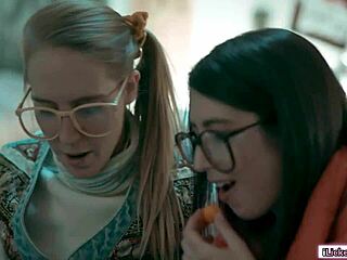 nerd babe scissoring hard with her sexy lesbian friend