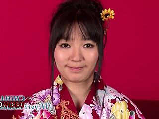 Chiharu gets her wet kimono ripped in threesome with blowjob and creampie finish