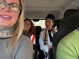 Japanese and brunette fuck in car with extra girls