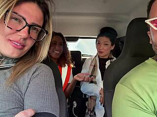 Japanese and brunette fuck in car with extra girls