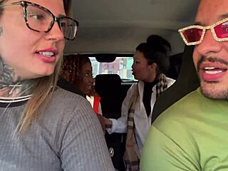 Japanese and brunette fuck in car with extra girls