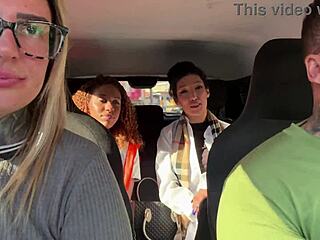Japanese and brunette fuck in car with extra girls