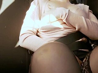 busty babe plays with huge dildo in taxi screams during orgasm