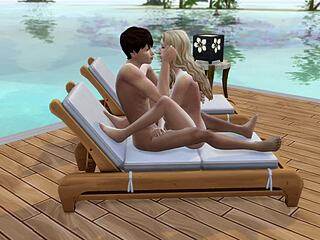 Passionate couple has public sex on beach in sims