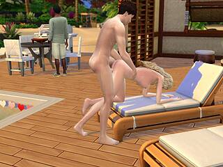 Passionate couple has public sex on beach in sims